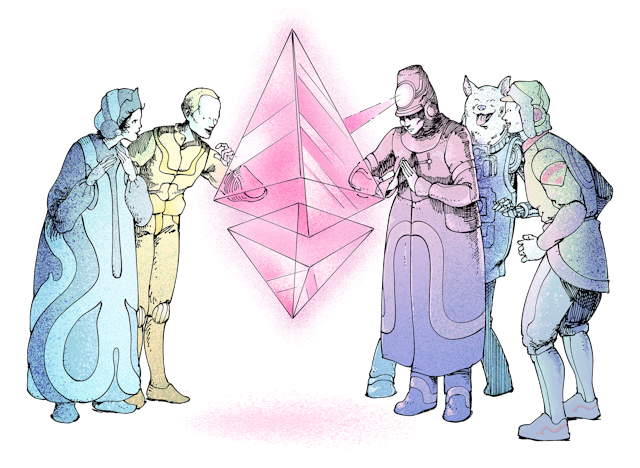 Illustration of a group of people marvelling at an ether (ETH) glyph in awe.